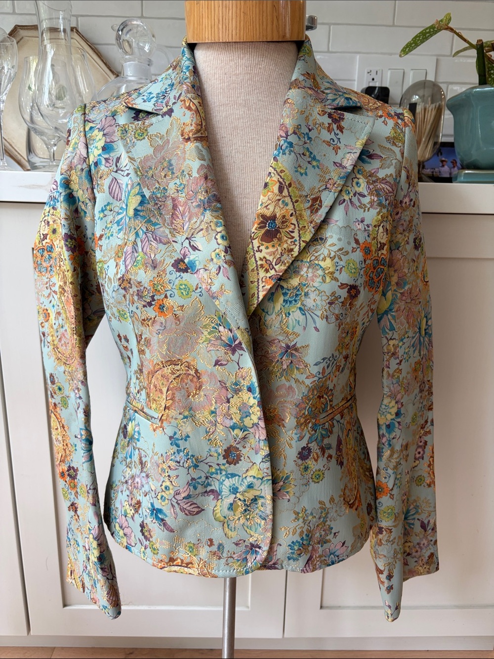 Pink Tartan Floral and Paisley Colourful Brocade Light Blue Women's Blazer